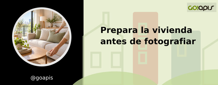 Salón ordenado y preparado para hacer fotografías inmobiliarias con móvil
